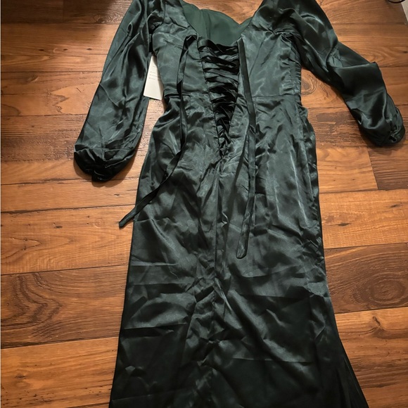 Dark Green Satin Corset Maxi Dress Puff Sleeve Lace-Up Back Formal Gown Size 4 - Picture 6 of 8
